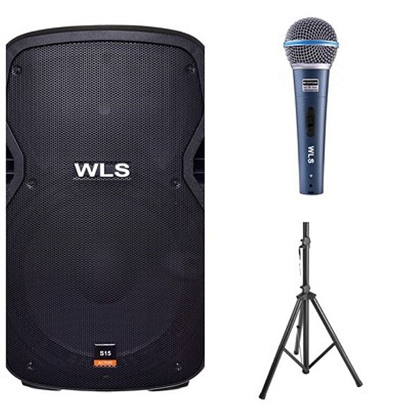 Caixa WLS S15  Ativa + Microfone M58A + Pedestal ST002 1,80m