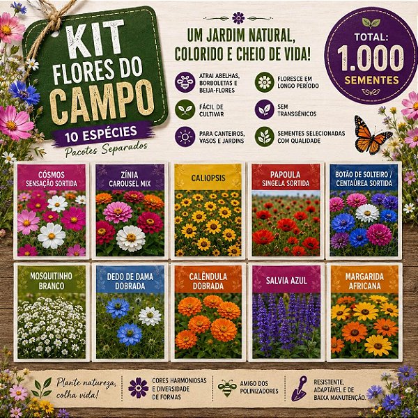 Kit Flores do Campo - 10 Espécies Diferentes em Pacotes Separados - 1.000 Sementes