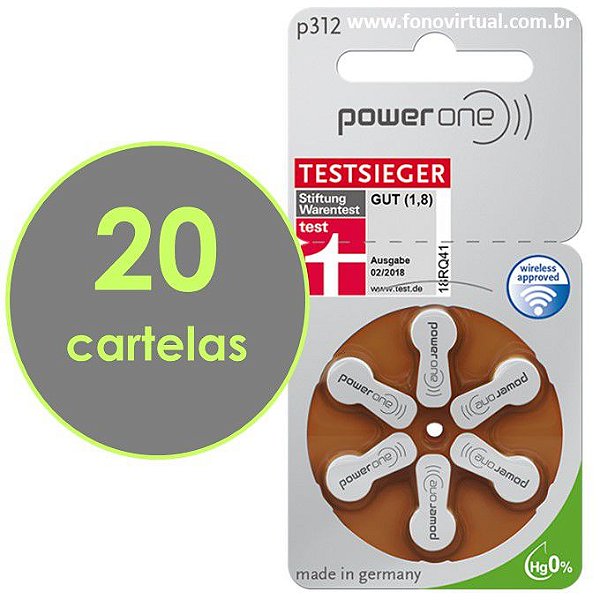 Pilhas Para Aparelho Auditivo POWER ONE P312 / PR41 - Mercury Free - 120 baterias