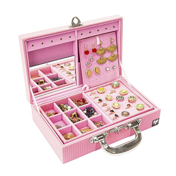 Maleta para Jóias em Couro Croco Rosa com Rosa