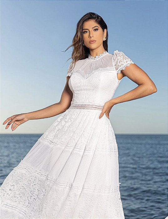Vestido Vanessa Longo Branco em Renda e Detalhe Costas