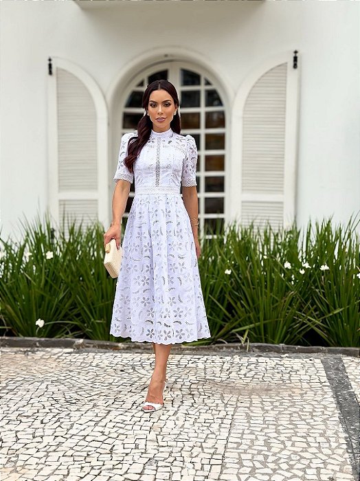 Vestido Casamento Civil Mariana Midi em Renda e Guipir