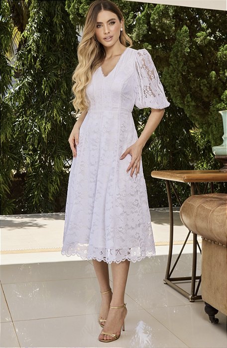 Vestido Teresa Mídi em Renda com Manga Bufante
