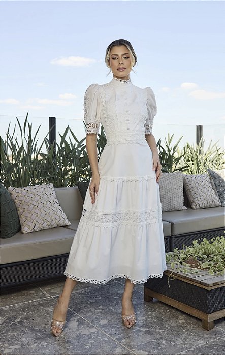 Vestido Lira Off White Midi com Detalhes em Guipir