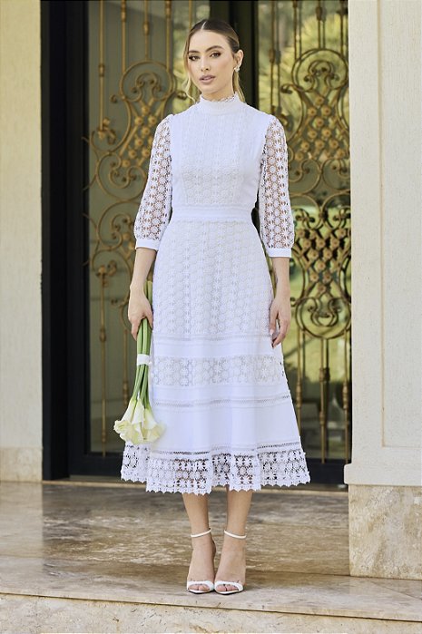 Vestido Maria Midi em Renda Guipir