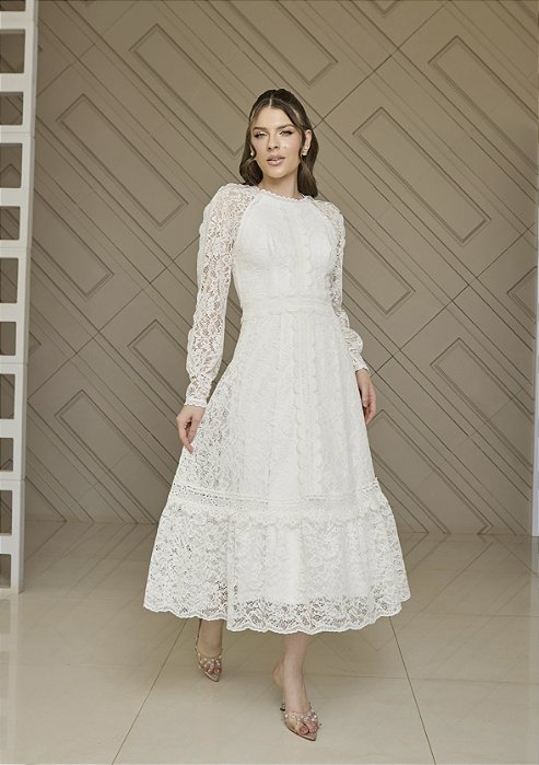 Vestido Bárbara Midi Off White em Renda Manga Longa