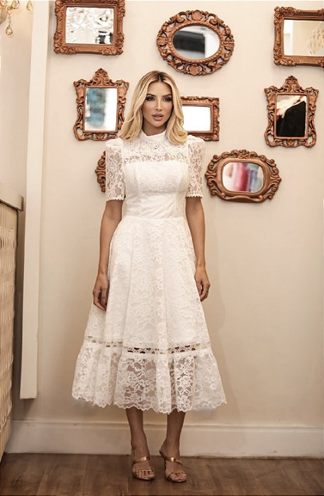 Vestido Paula Branco Midi em Renda