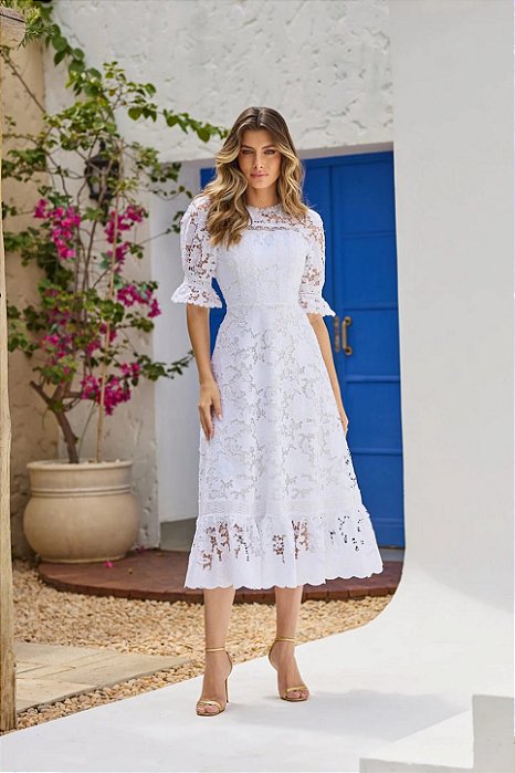 Vestido Amicia em Renda Guipir com Manga Princesa