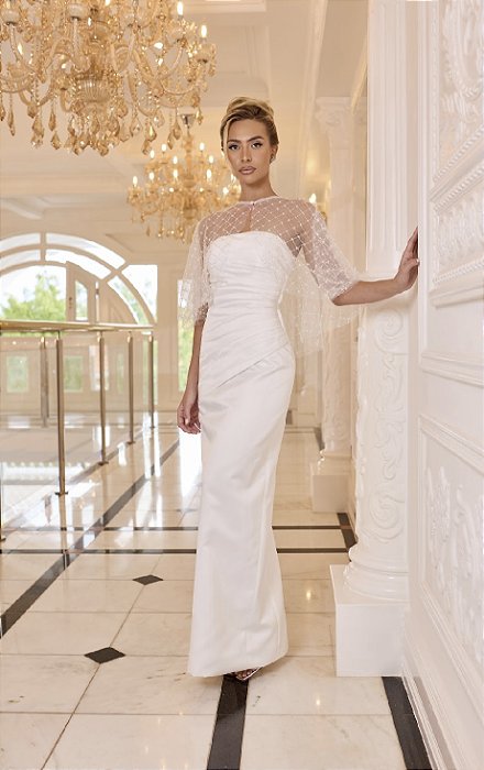 Vestido Dália Longuete em Cetim Italiano e Mantilha Bordada