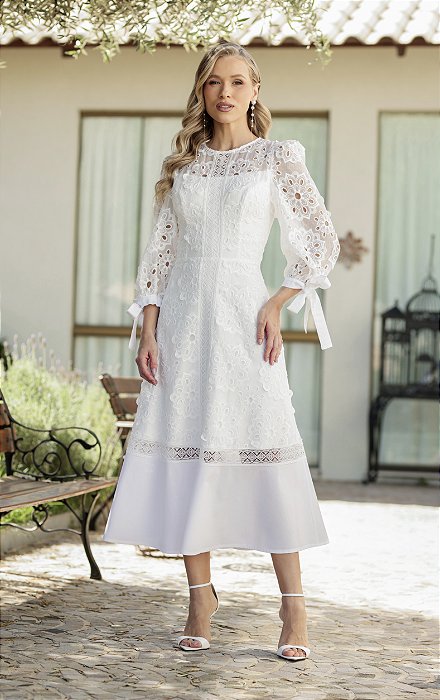 Vestido Giulia Mídi em Renda com Laço Manga