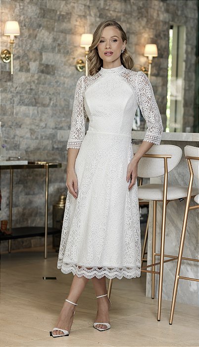 Vestido Ingrid em Midi em Renda e Manga