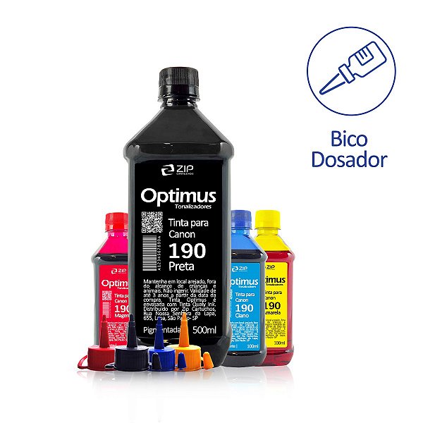 Kit de Tinta Canon 190 | GI-190 Preta Pigmentada 500ml + Coloridas Corantes 100ml Optimus