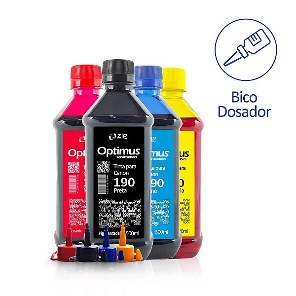 Kit de Tinta Canon 190 | GI-190 Preta Pigmentada + Coloridas Corantes 500ml Optimus