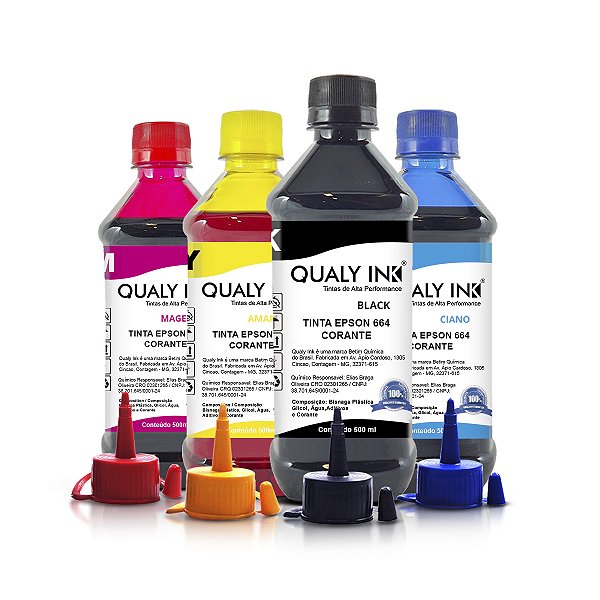 Kit de Tinta Epson 664 | T664120 Preta + Coloridas Corantes Qualy Ink 500ml