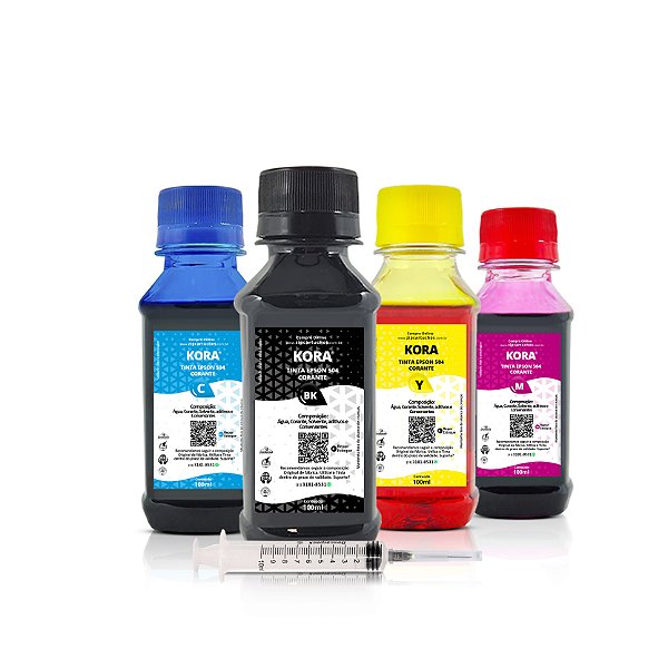 Kit de 4 Tintas Epson 504 | T504120 Preta + Coloridas Corantes Kora 100ml