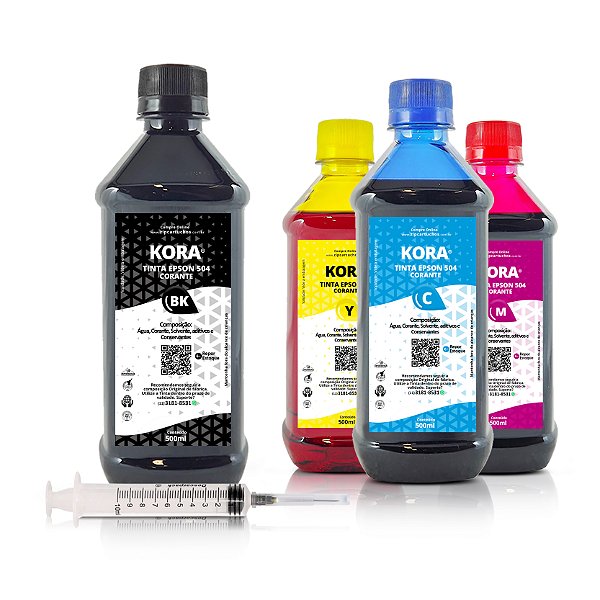Kit de 4 Tintas Epson 504 | T504120 Preta + Coloridas Corantes Kora 500ml