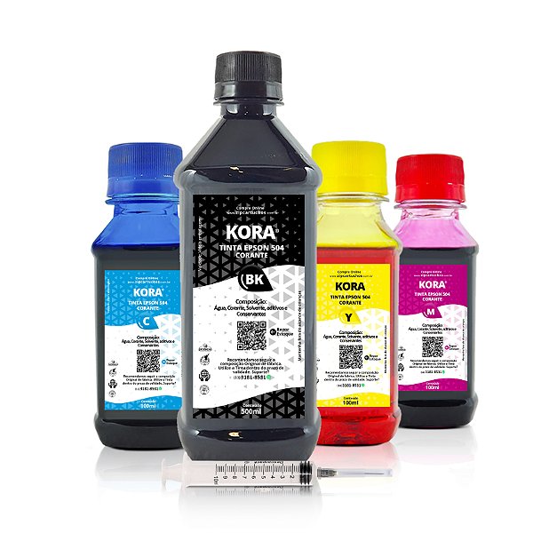 Kit de 4 Tintas Epson 504 | T504120 Preta 500ml + Coloridas 100ml Corantes Kora