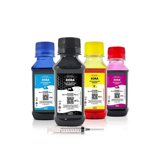 Kit de 4 Tintas Epson 504 | T504120 Preta Pigmentada + Coloridas Corantes Kora 100ml