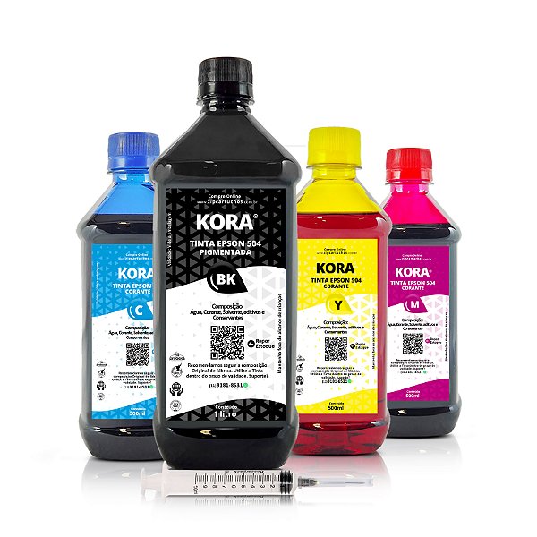 Kit de 4 Tintas Epson 504 | T504120 Preta Pigmentada 1 litro + Coloridas Corantes 500ml Kora