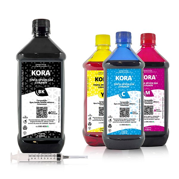 Kit de 4 Tintas Epson 524 | T524120 Preta + Coloridas Corantes Kora 1 litro