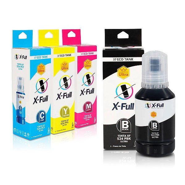 Kit de 4 Tintas Epson 524 | T524120 Preta + Coloridas Pigmentadas X-Full 70ml