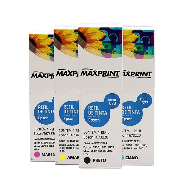 Kit 4 Tintas Epson L850 | 673 | T673120 EcoTank Maxprint 100ml