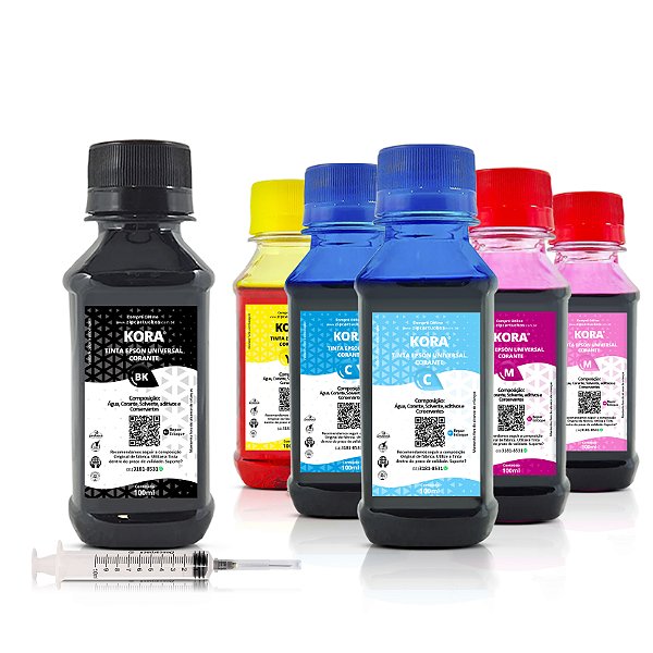 Kit de 6 Tintas Epson Universal Preta + Coloridas Corantes Kora 100ml