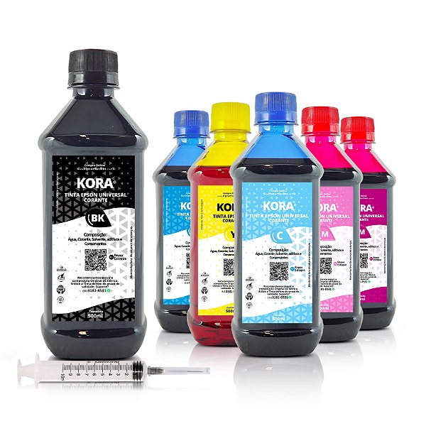 Kit de 6 Tintas Epson Universal Preta + Coloridas Corantes Kora 500ml