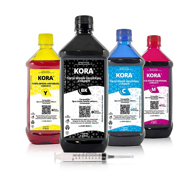 Kit de 4 Tintas Epson Universal Preta + Coloridas Corantes Kora 1 litro