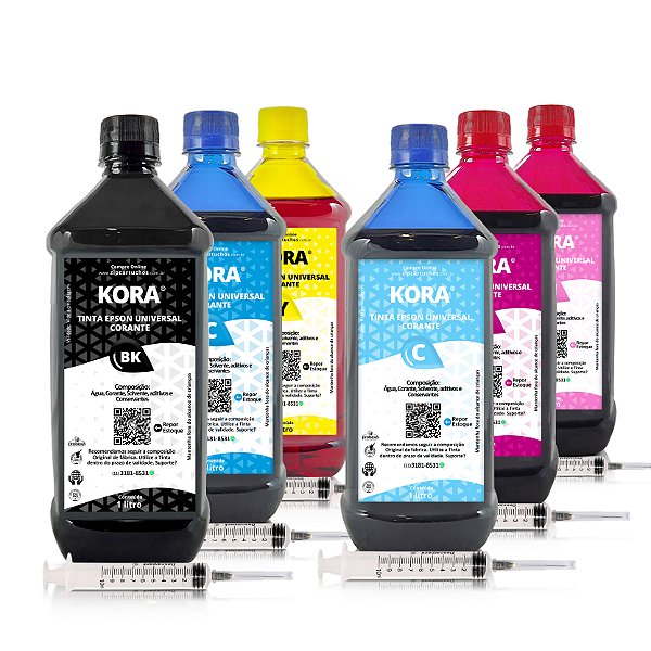 Kit de 6 Tintas Epson Universal Preta + Coloridas Corantes Kora 1 litro