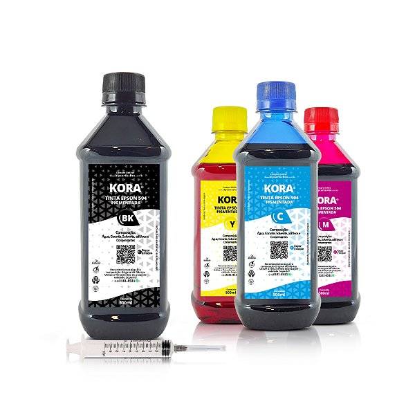 Kit de 4 Tintas Epson 504 | T504120 Preta + Coloridas Pigmentadas Kora 500ml