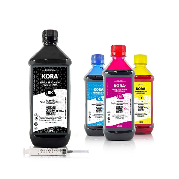 Kit de 4 Tintas Epson 504 | T504120 Preta 1 litro + Coloridas 500ml Pigmentadas Kora