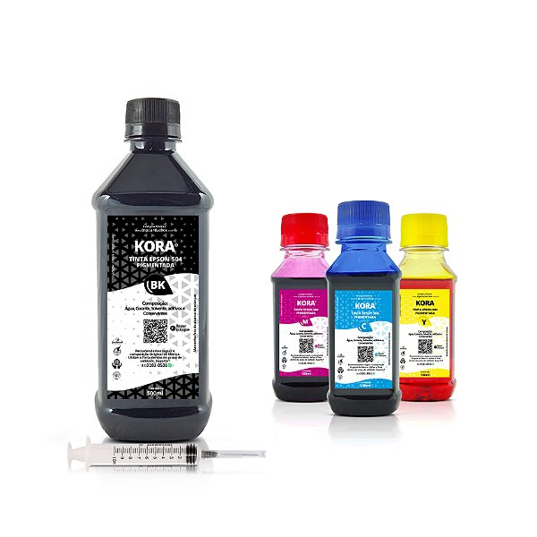Kit de 4 Tintas Epson 504 | T504120 Preta 500ml + Coloridas 100ml Pigmentadas Kora