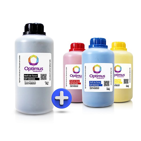 Kit de Refil de Pó de Toner HP CE410A | 305A Optimus Preto 1kg + Coloridos 500g