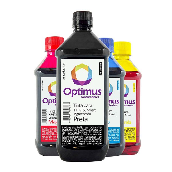 Kit de Tinta Optimus para HP GT53 + GT52 Smart Tank Preta 1 litro + Coloridas 500ml