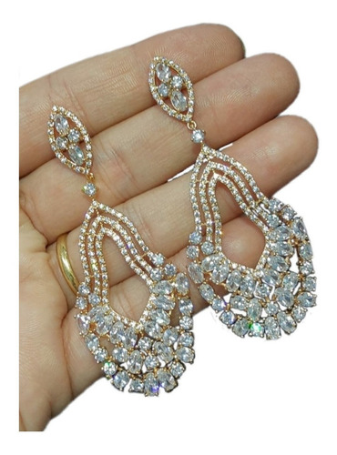 Brinco Noiva Zirconia Dourado Pendurado Festa Debutante Luxo