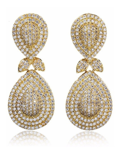 Brinco Noiva Zirconia Dourado Pendurado Festa Debutante Gota