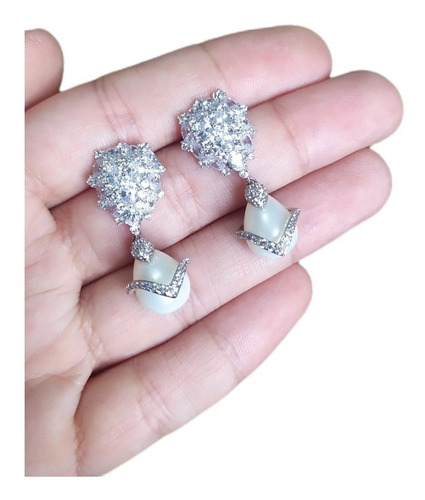 Brinco Pérola E Zirconia Noiva Pequeno Delicado Prata Gota