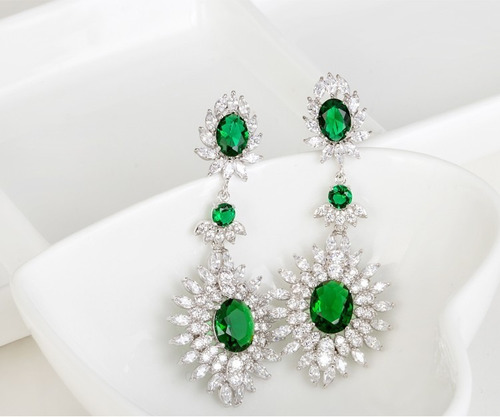 Brinco Noiva Pedra Zirconia Prata Verde Festa Debutante Luxo
