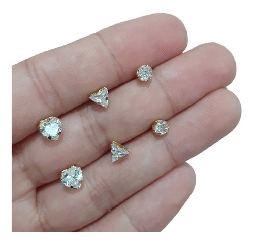 Trio De Brinco Pedra Zirconia Coração Triângulo Luz 3 Pares