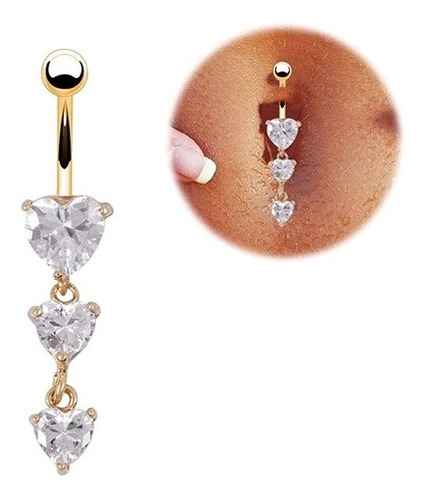 Piercing De Umbigo Dourado Zirconia Coração Pendurado Ouro