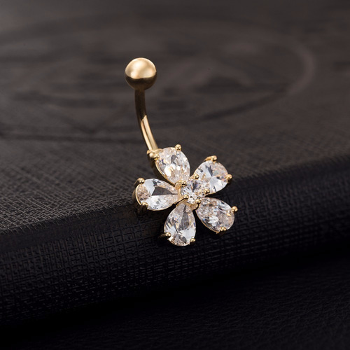 Piercing De Umbigo Dourado Banhado A Ouro 18k Flor Zirconia