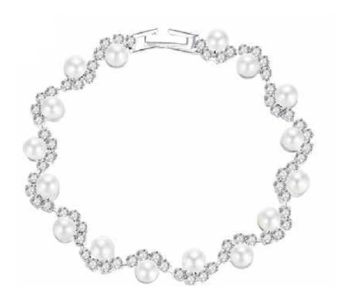 Pulseira Bracelete Prata Strass Pérola Noiva Debutante Festa
