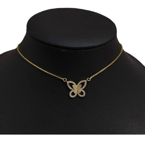 Colar Borboleta Pedra Zirconia Dourado F. Ouro 18k Semi Joia