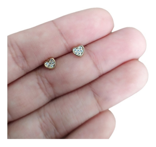 Brinco Infantil Pequeno Coração Pedra Zirconia F. Ouro 18k