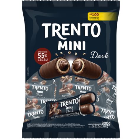 Wafer Recheado Sabor Chocolate Meio Amargo 55% Cacau Trento Mini Dark - Pacote com 800GR - Peccin