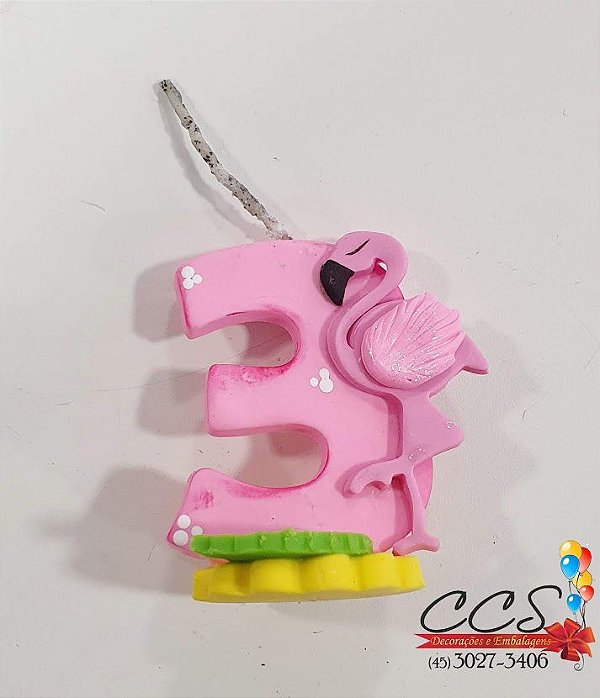 Vela de Biscuit com Aplique de Flamingo - Num 3 - Velas Kids