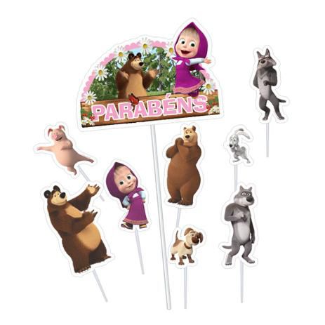Topo de Bolo Impresso Festa Masha e o Urso 9 Itens - Ref 371023 Piffer