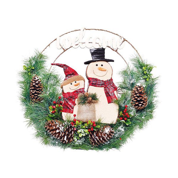 Guirlanda Aramada com 2 Bonecos de Neve de Madeira e Placa Welcome 30x30cm - Ref 1921570 - Cromus Natal