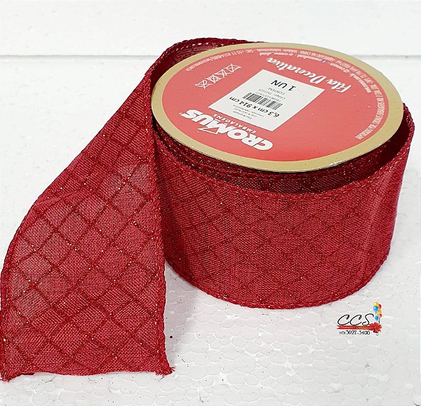 Fita de Natal Aramada Xadrez Vinho Com Glitter 6,3cmx9,14m - Fitas Natalinas - Ref 1923129 Cromus Natal